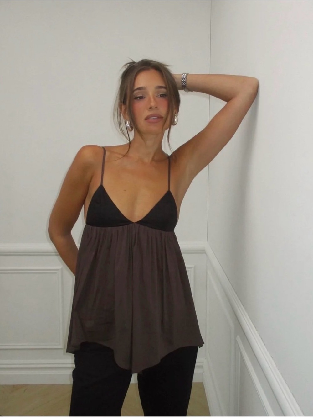 WeWoreWhat Black & Brown Lace-Trim Spaghetti Strap Camisole
